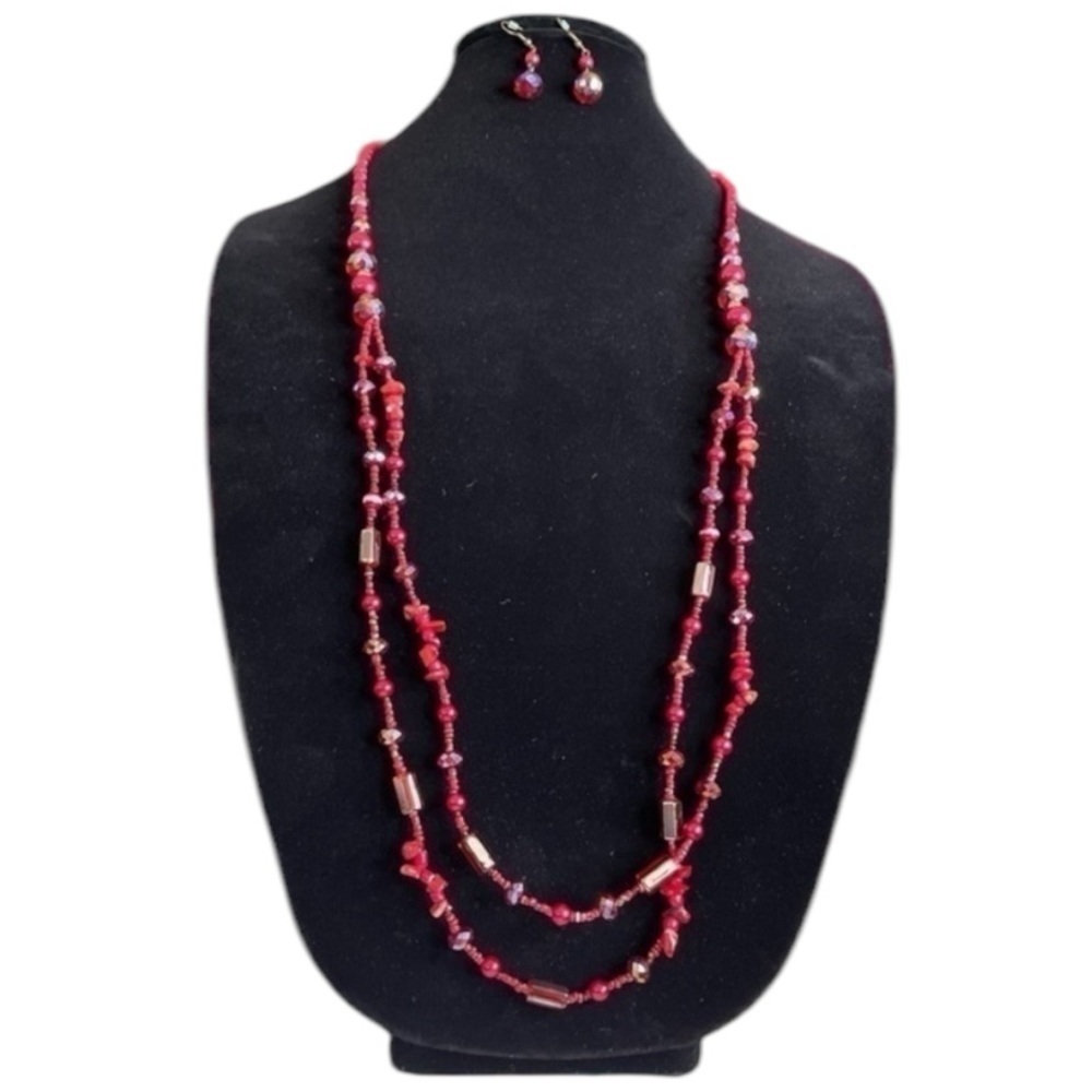 Red Two Layer Glass Bead Necklace and Earrings